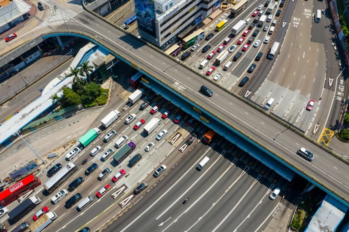 czech highway traffic jam aerial view sunny
