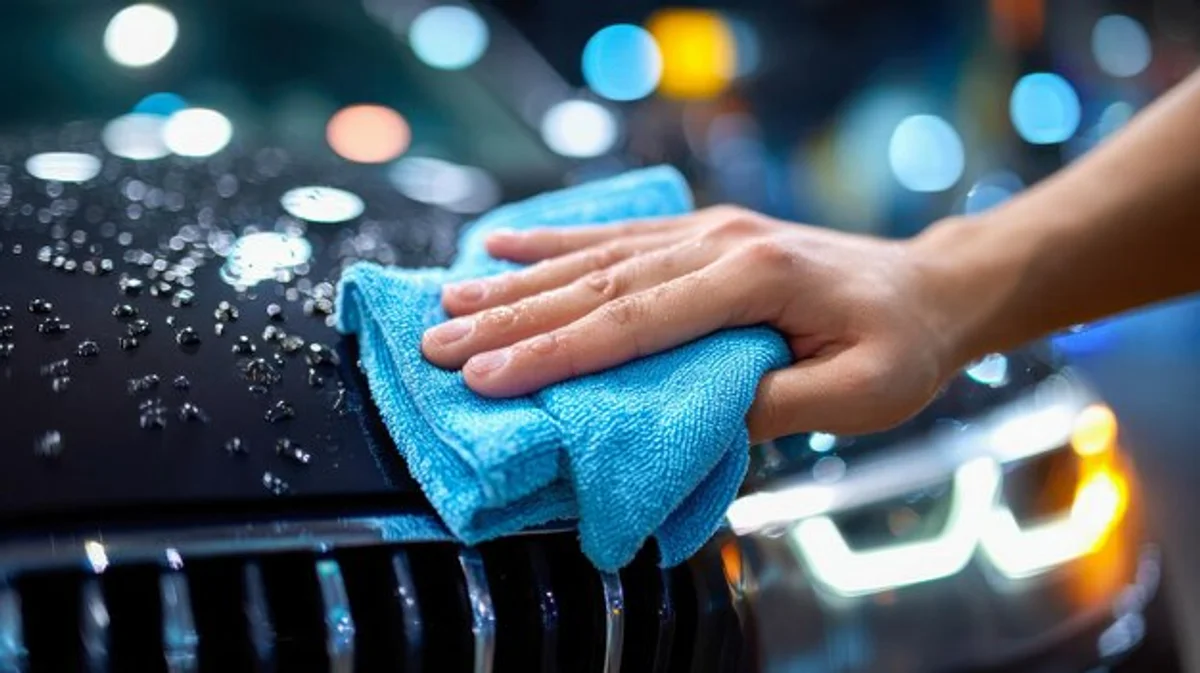 manual windshield wiper cleaning with microfiber cloth in the rain