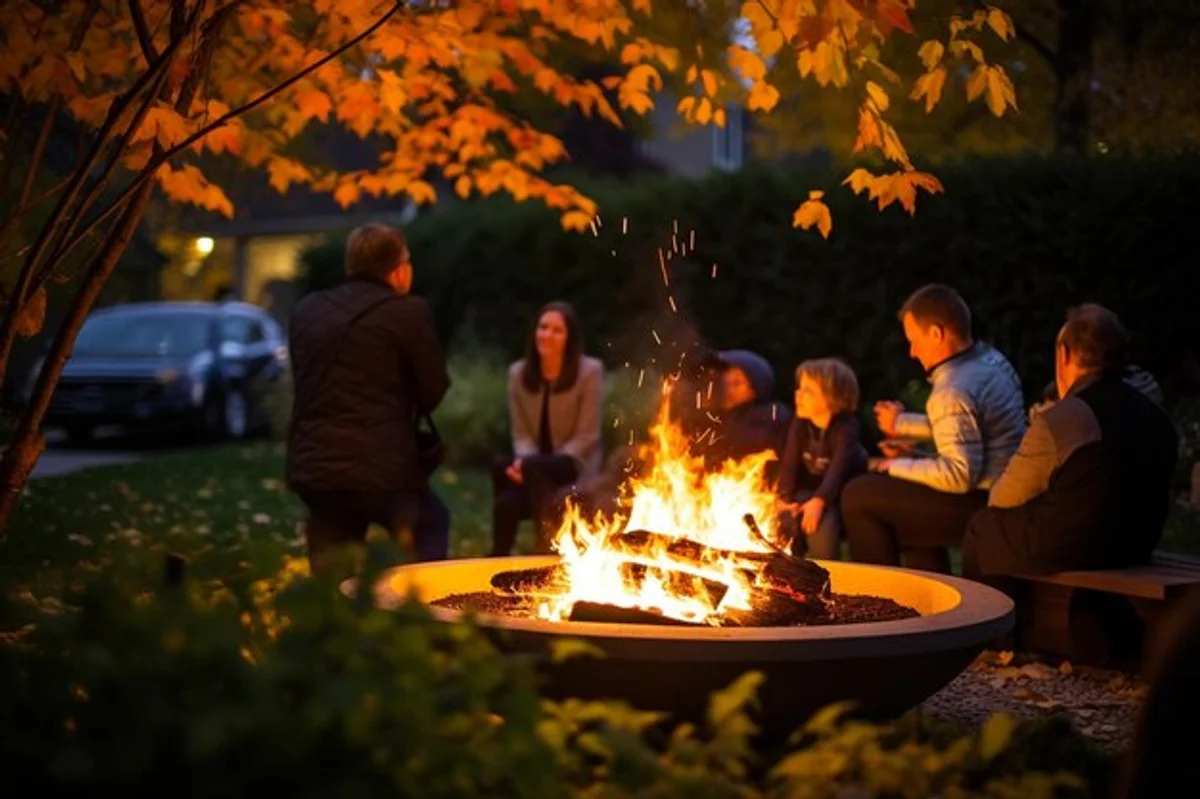 group of friends autumn park evening bonfire