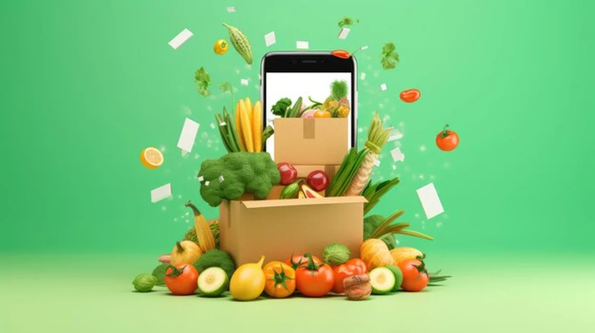 fresh local vegetables and smartphone with cooking app