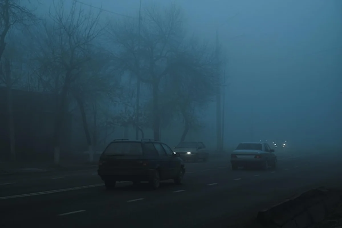car headlights autumn night foggy road