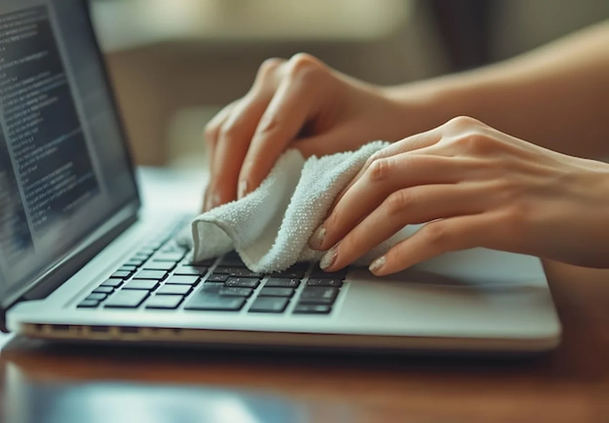 hand cleaning laptop screen with microfiber cloth and steam