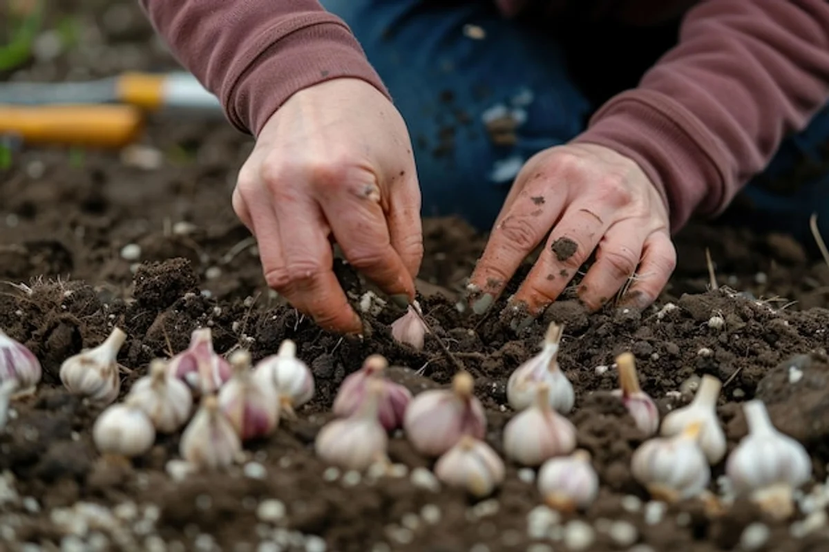 garlic cloves planting autumn hands soil close up