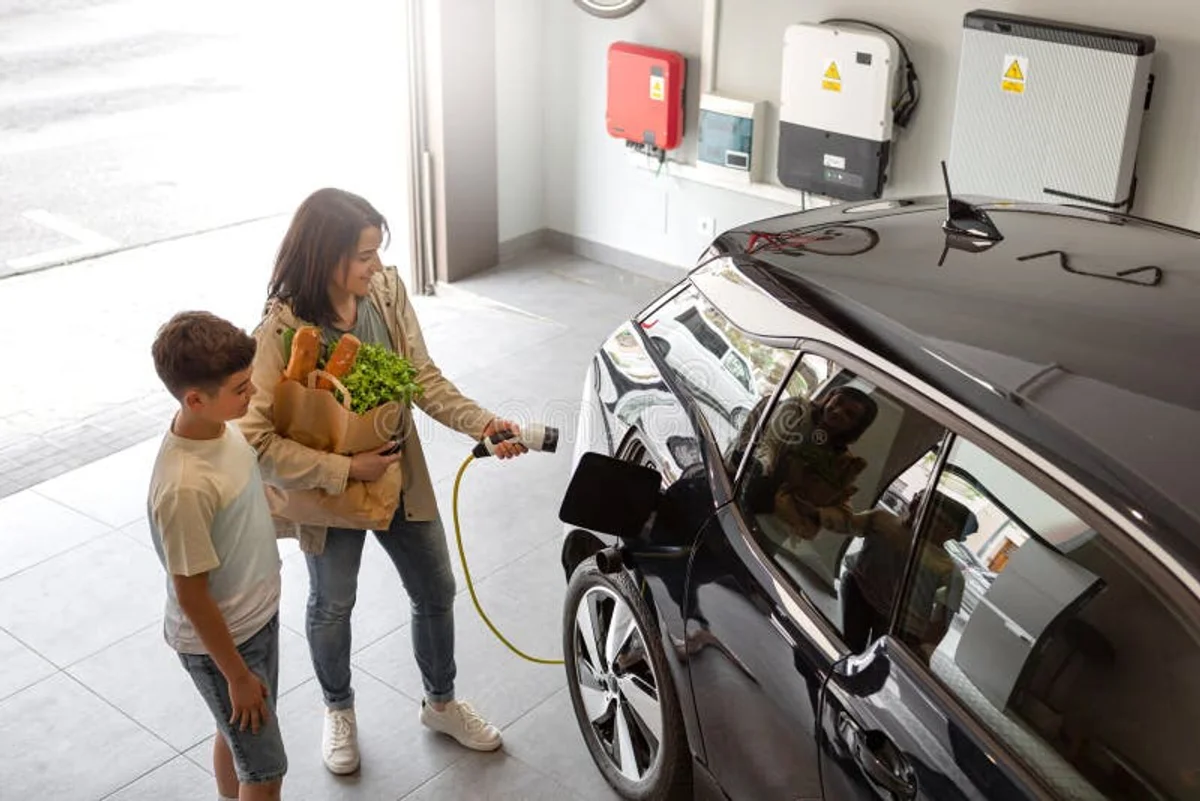 happy family charging electric car home garage cz