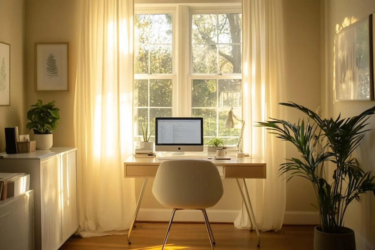 morning sun through window minimal home office