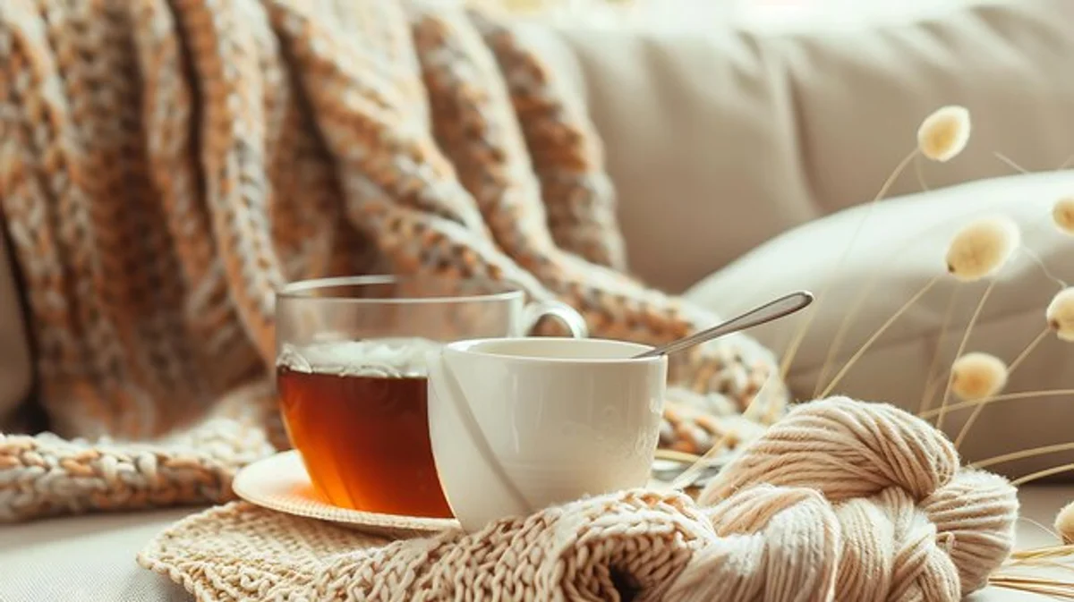 knitting at home with tea in autumn cozy atmosphere