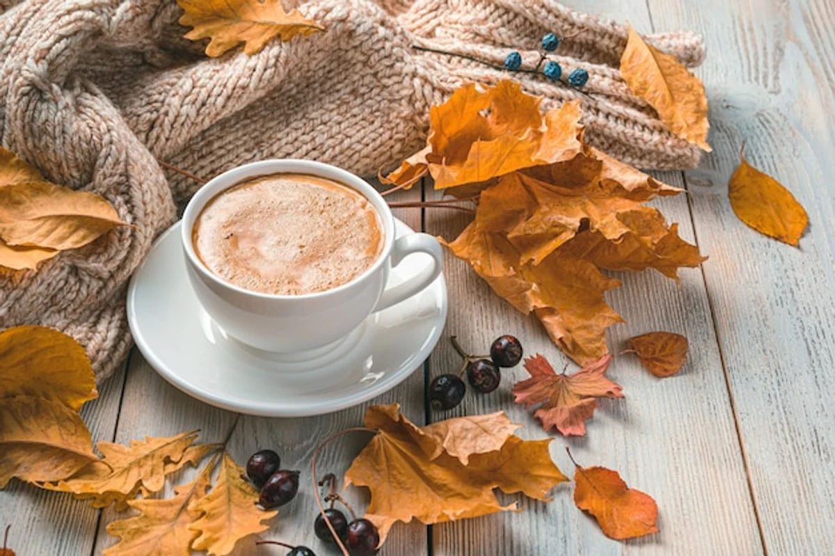 autumn workspace morning coffee productivity