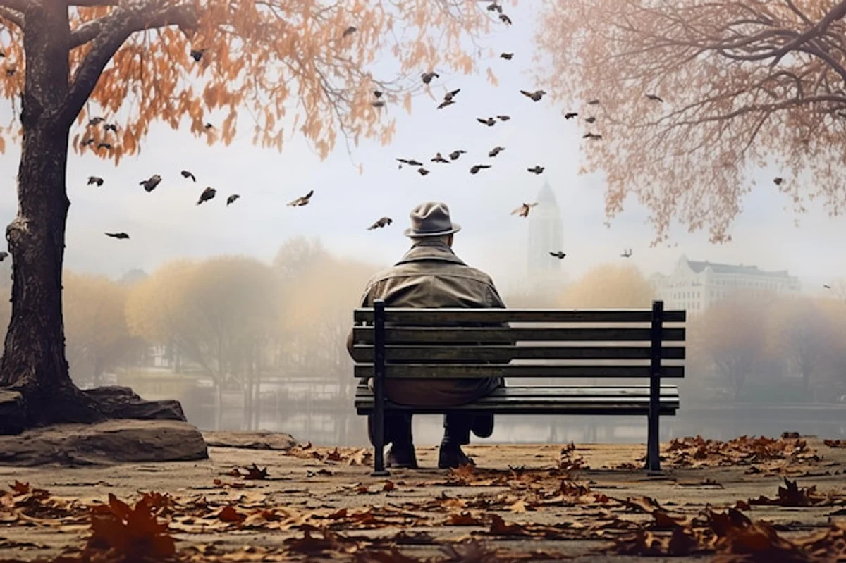 man using smartphone outdoor autumn leaves cold weather