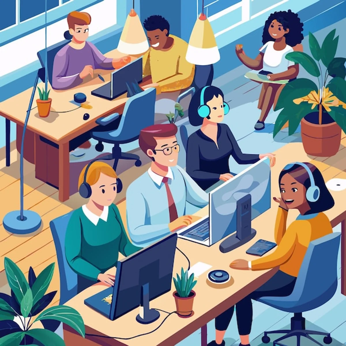 happy diverse office team working together project digital tools