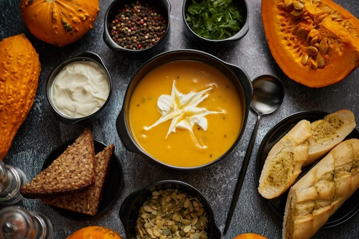 quick healthy pumpkin soup flat lay autumn
