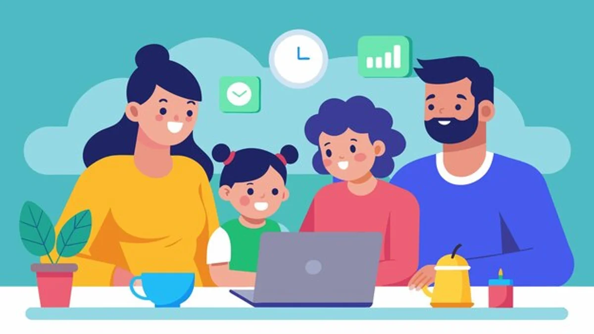 family using budget tracking app at home discussing finances